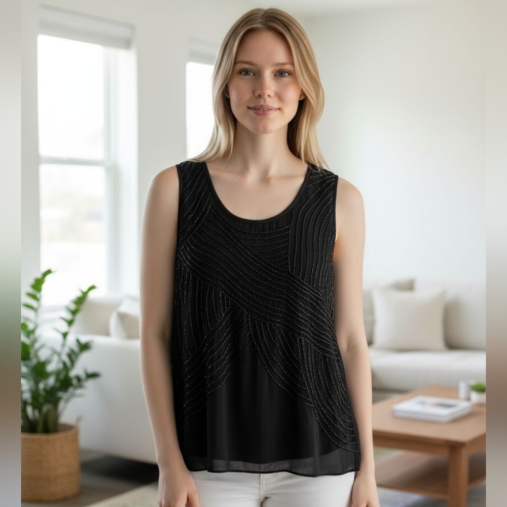 Ecru Elegant Black Beaded Tank Top XS